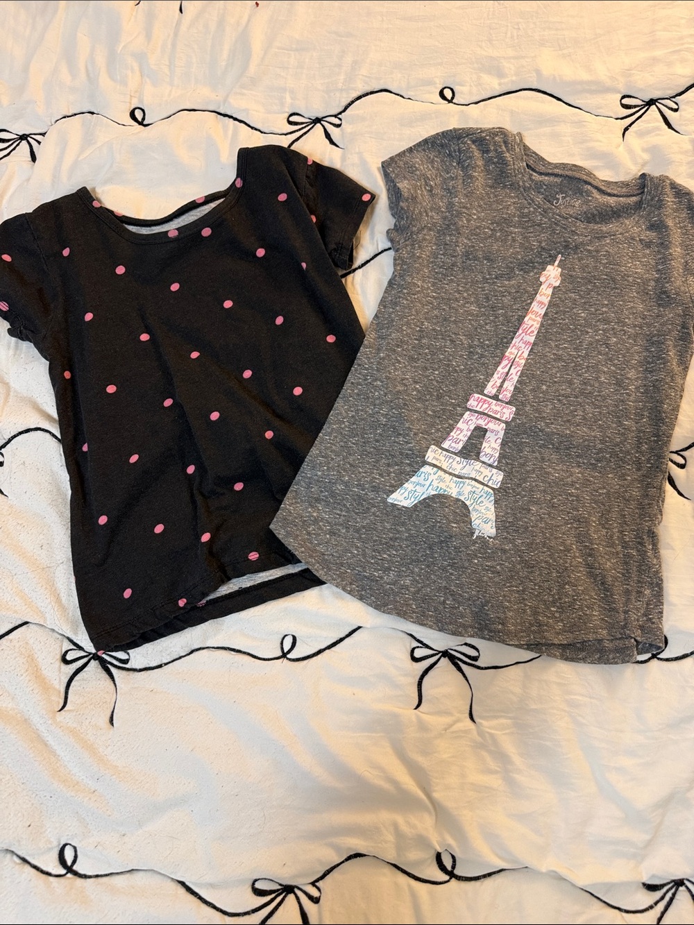 Justice Girls Black Tee with Pink Polka Dots + Gray Eiffel Tower Tee
